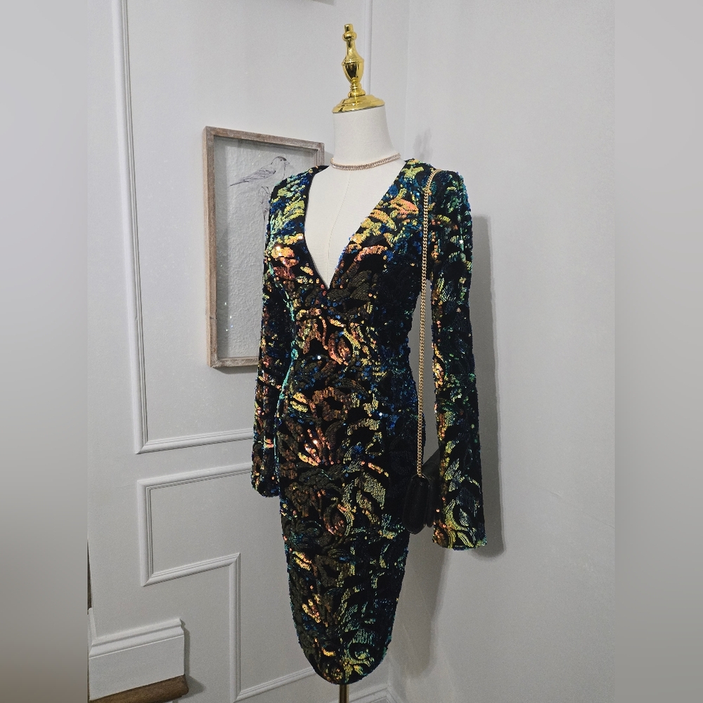 Fashion Nova Multicolor Sequin Long Sleeve Dress